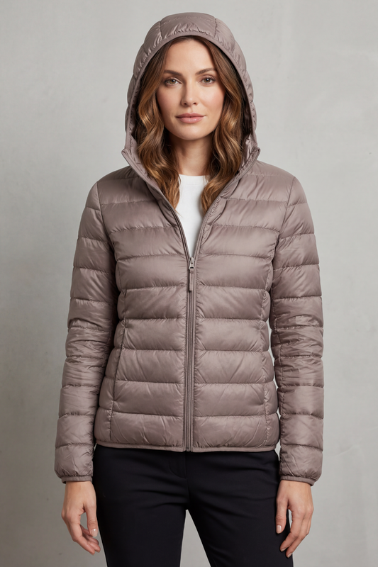 Jacket Women - Packable Puffer Jacket with Hood and Zip Front