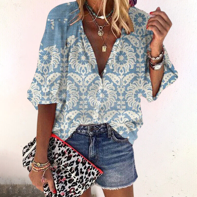 Blouse Women - Boho Floral Blouse with Flared Sleeves