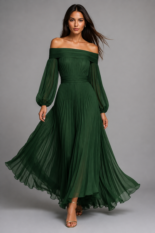 Maxi Dress Women - Off-Shoulder Pleated Maxi Dress