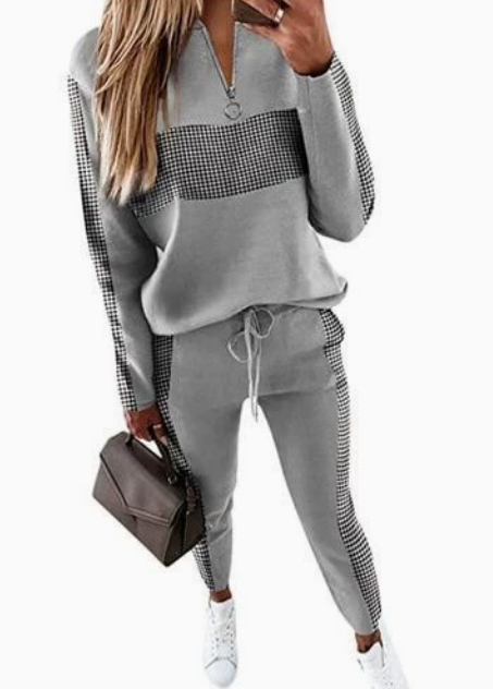 Tracksuit Women - Checkered Jogger Set with Drawstring Waist