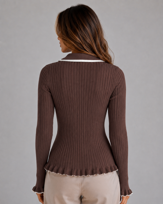 Jumper Women - Ribbed Knit Polo Jumper with Contrast Trim