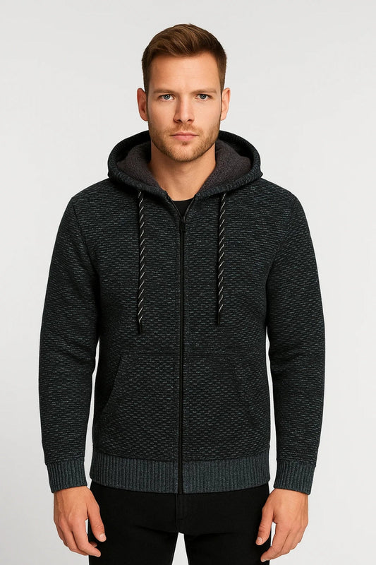 Hoodie Men - Knit Warm Lined Hoodie with Zip Detail
