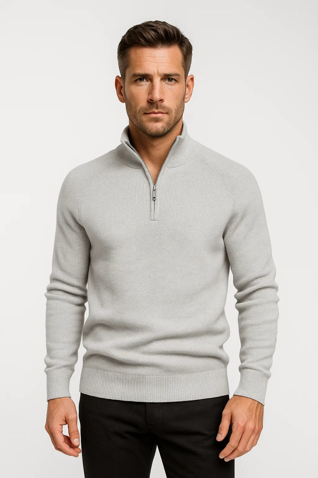 Pullover Men - Plaid Warm Mandarin Pullover with Half-Zip and Collar