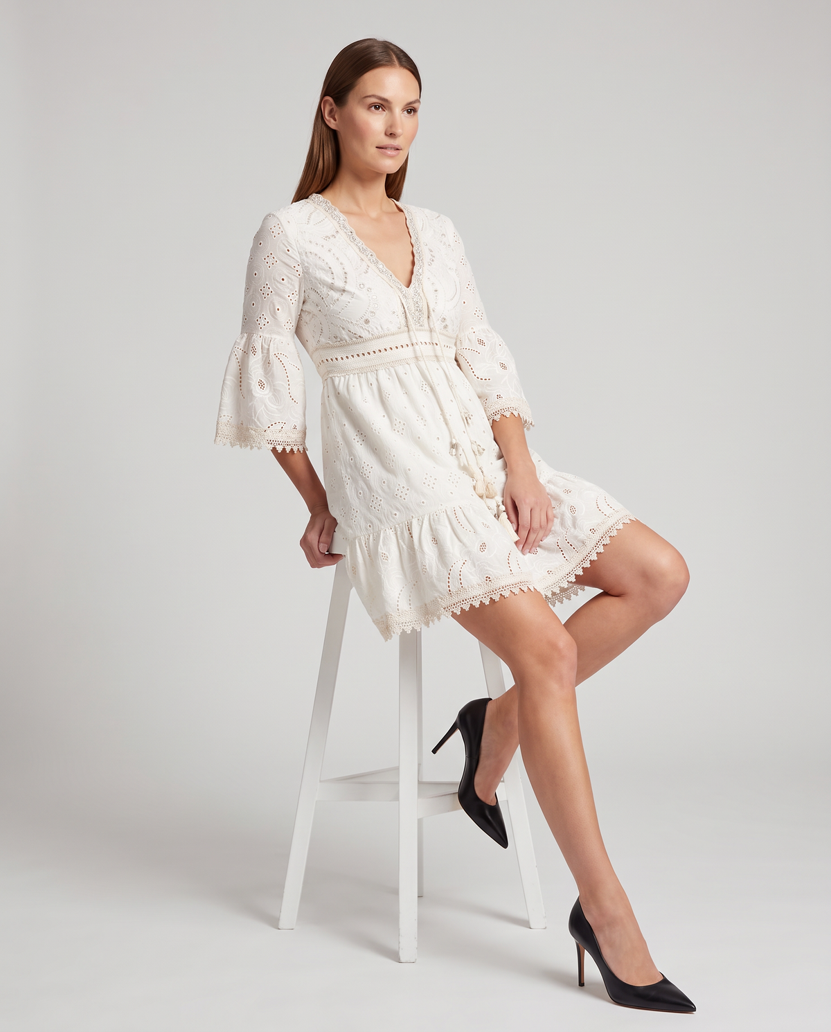 Mini Dress Women - Lace Mini Dress with V-Neckline