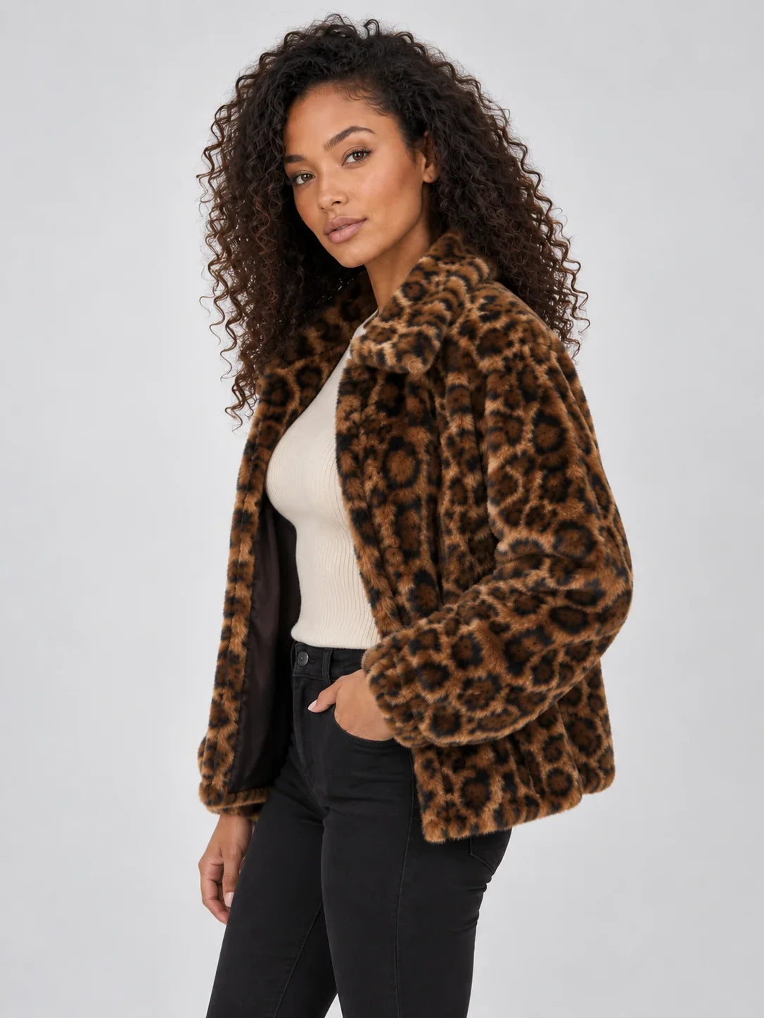 Jacket Women - Faux Fur Jacket with Leopard Print