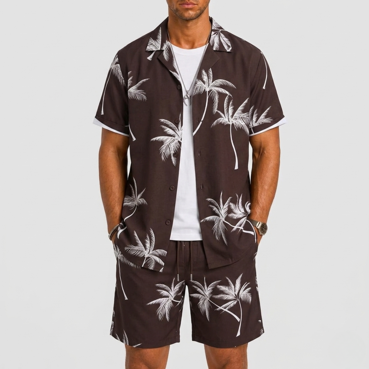Set Men - Palm Print Two-Piece Summer Outfit with Short Sleeves