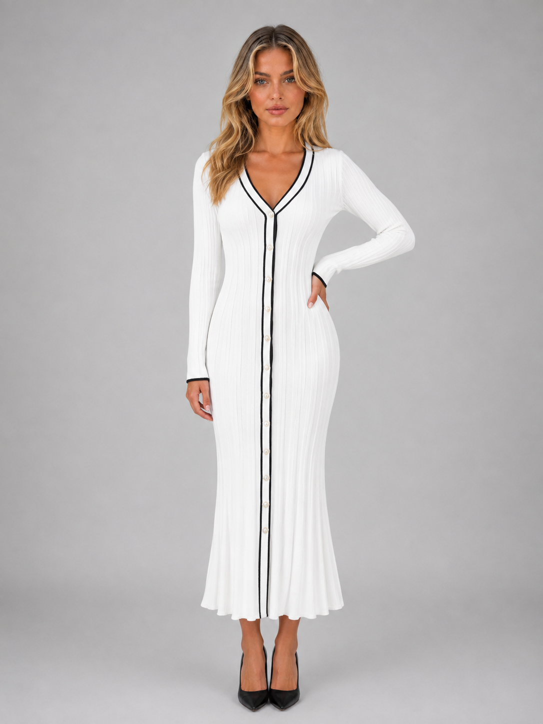Midi Dress Women - Ribbed Button Front Midi Dress with V-Neckline