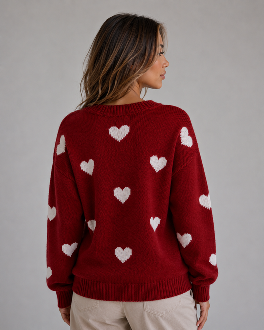 Jumper Women - Heart Print Knitted Jumper with Crew Neckline