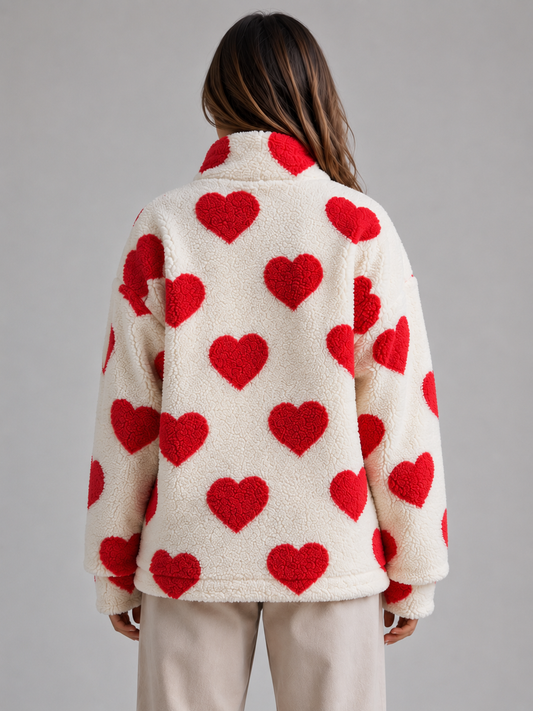 Jacket Women - Teddy Fleece Jacket with Heart Print and Full Zip