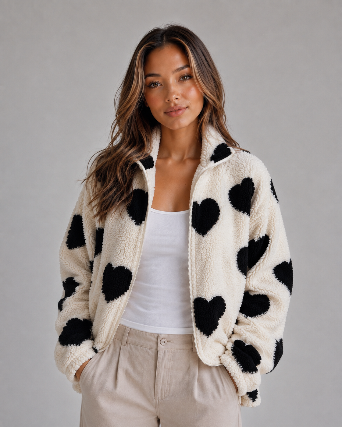 Jacket Women - Teddy Fleece Jacket with Heart Print and Full Zip