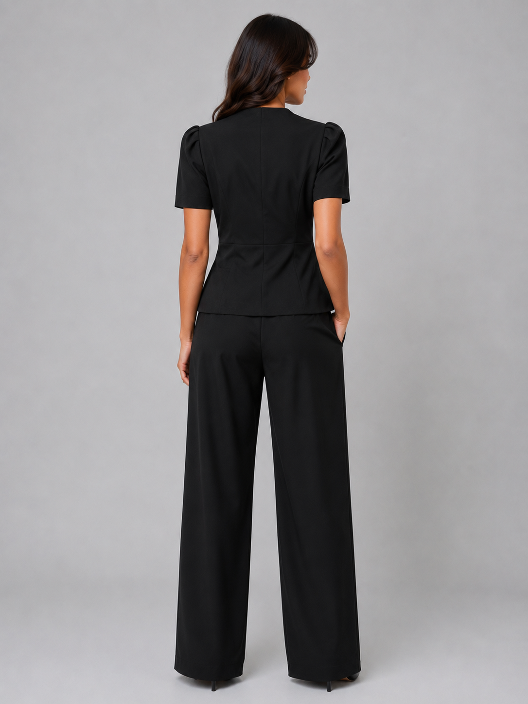 Suit Women - Two-Piece Suit with Short Sleeve Blazer and Wide Leg Trousers