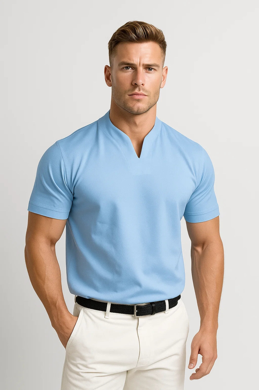 Shirt Men - Mandarin Casual Shirt with Short Sleeves and Collar