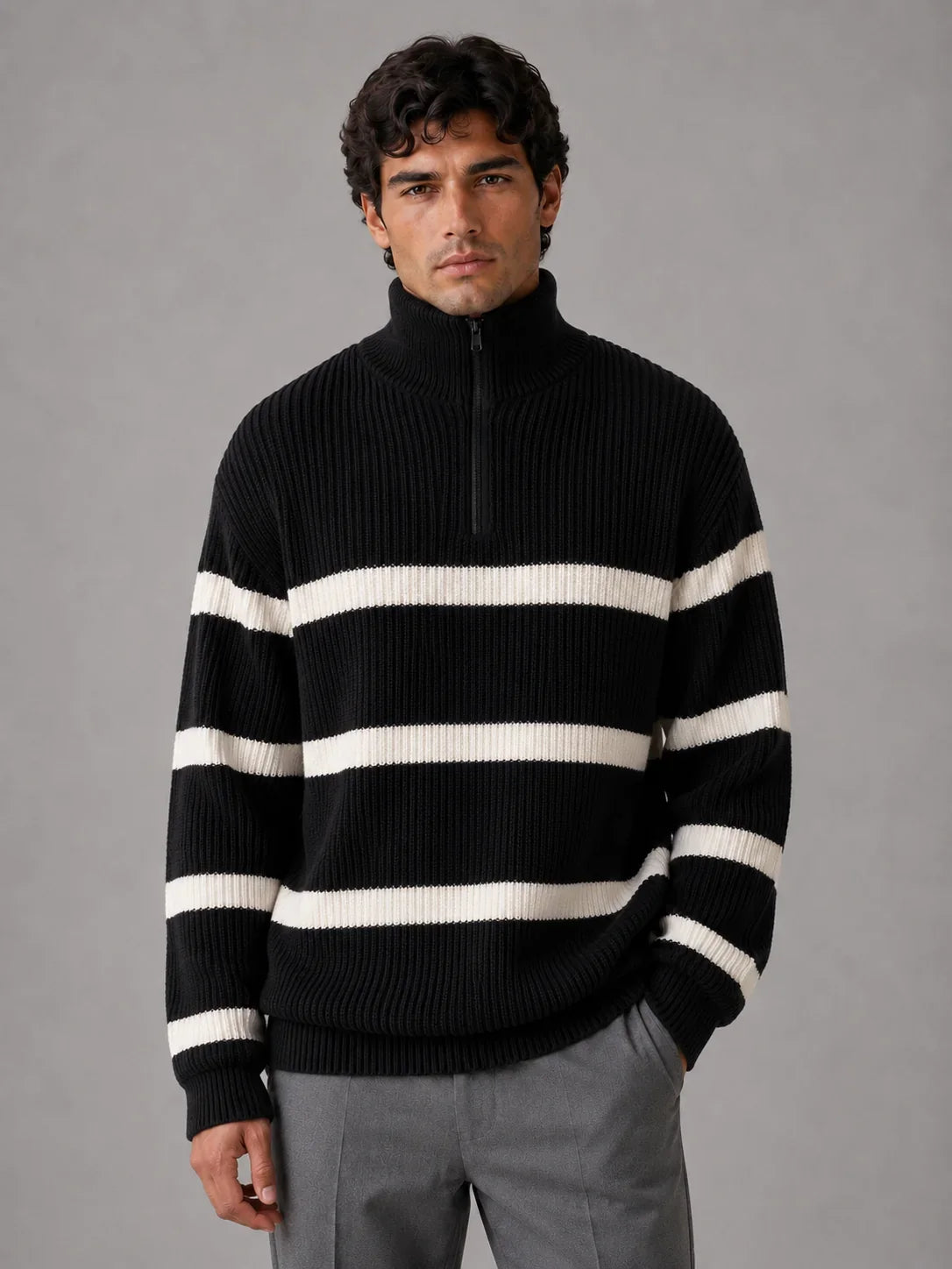 Sweater Men - Half Zip Jumper with Ribbed Stripes