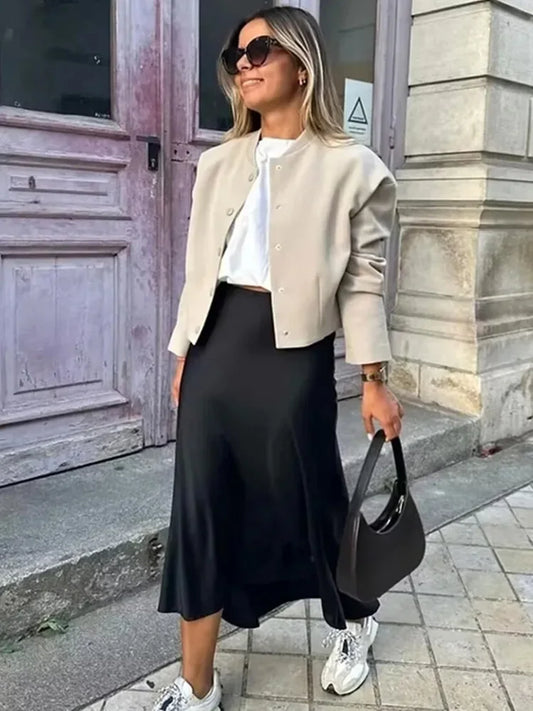 Skirt Women - Satin Midi Skirt with High Waist