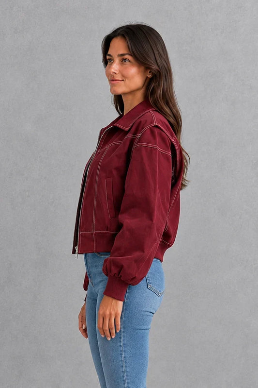 Jacket Women - Coated Bomber Jacket with Ribbed Cuffs