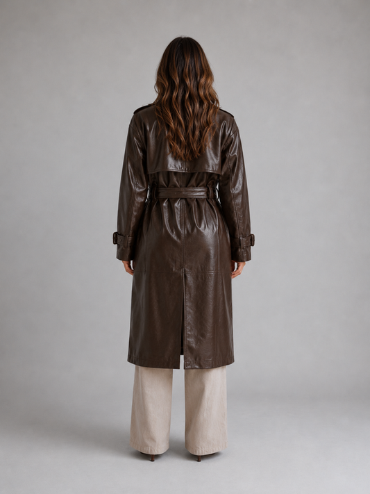 Trench Coat Women - Leather Look Trench Coat with Waist Belt