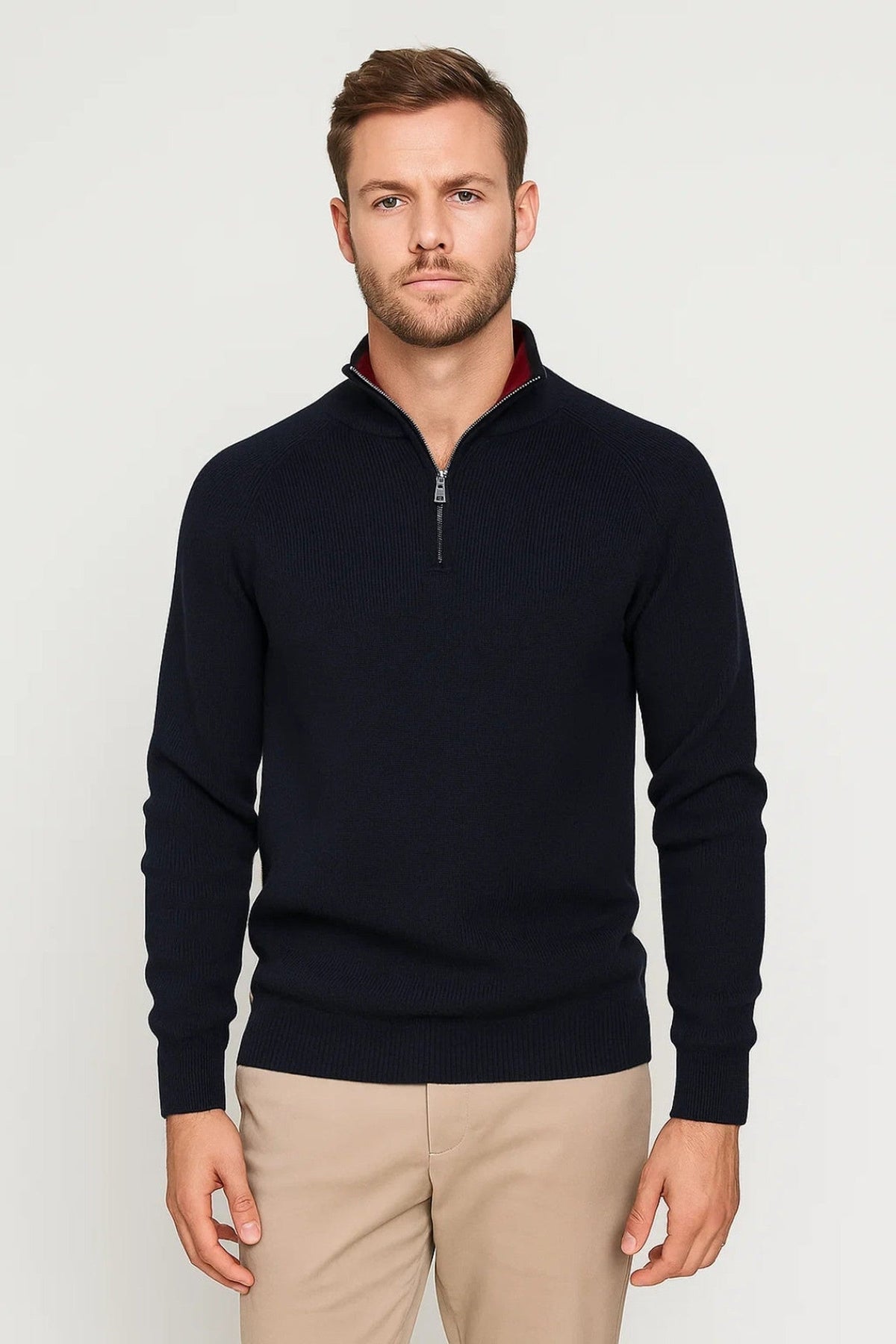 Pullover Men - Plaid Warm Mandarin Pullover with Half-Zip and Collar