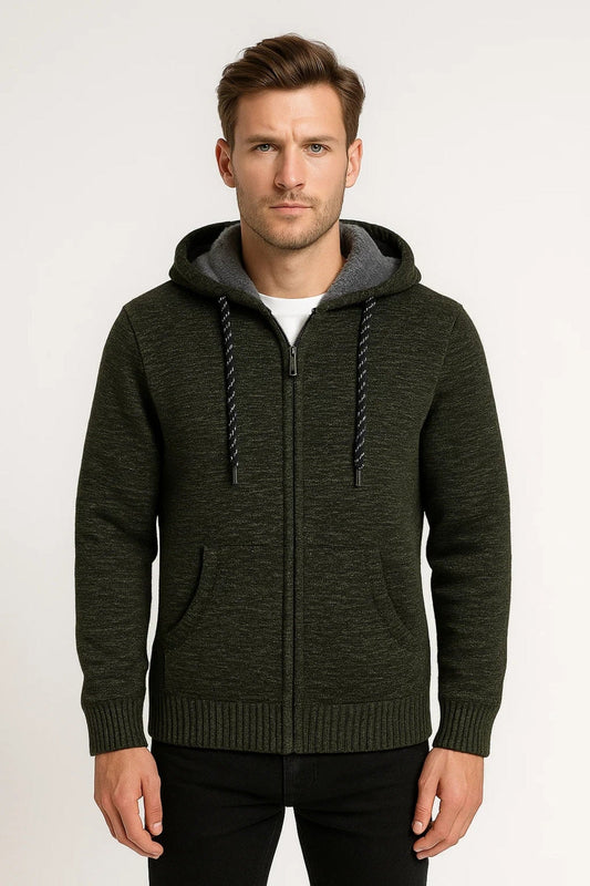 Hoodie Men - Knit Warm Lined Hoodie with Zip Detail