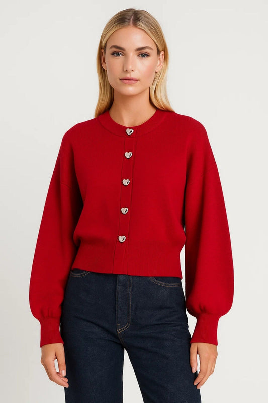 Cardigan Women - Heart Playful Cardigan with Balloon Sleeves and Button Front