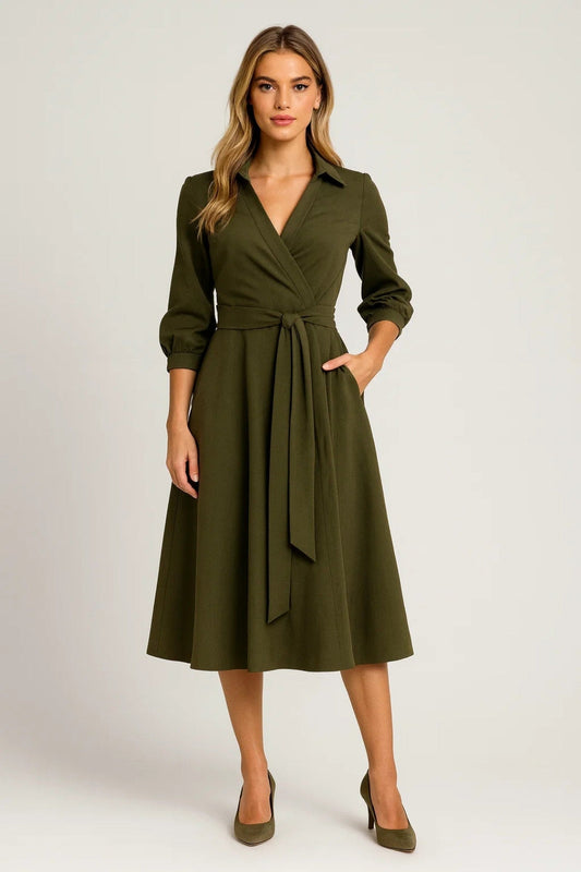 Dress Women - Midi Wrap Flowing Dress with Belt