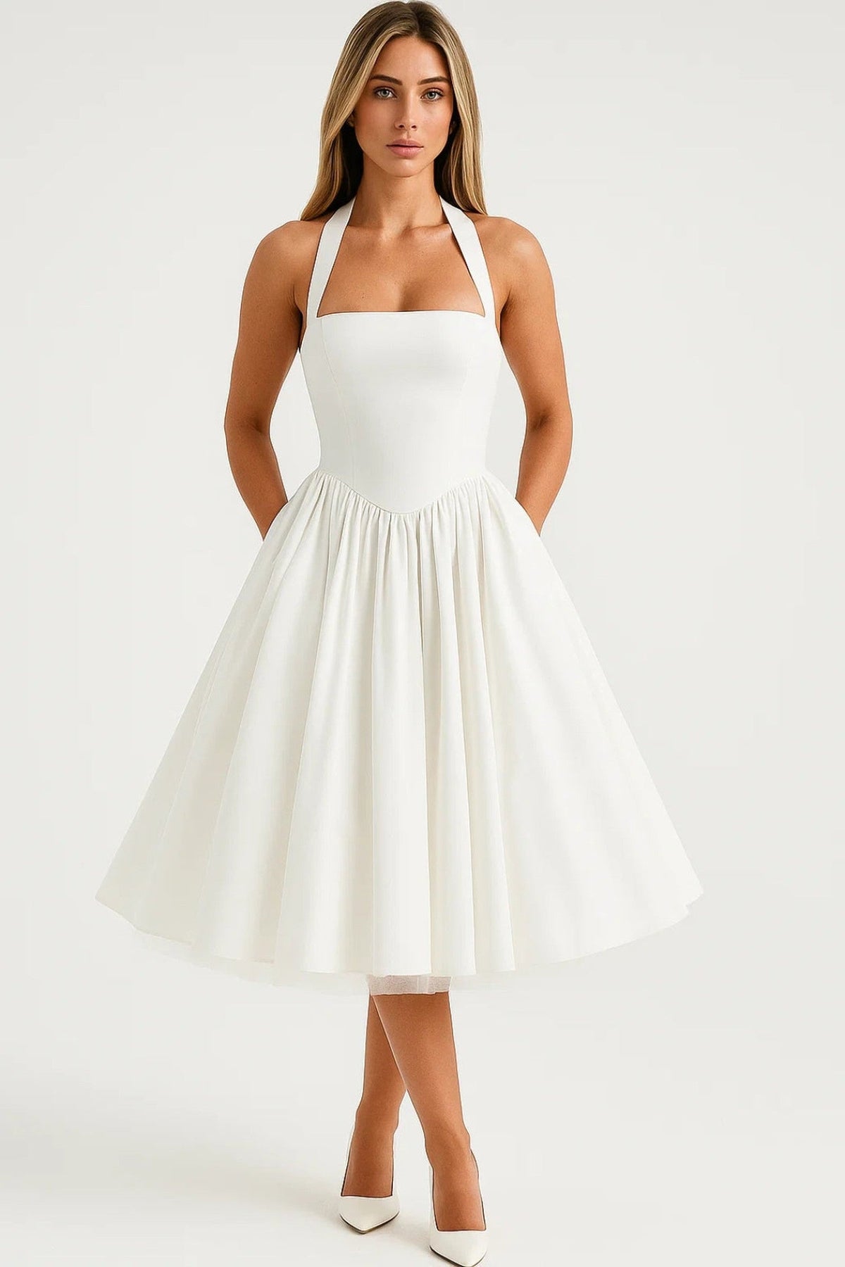 Dress Women - Midi A-Line Flowing Dress with Halter Neckline