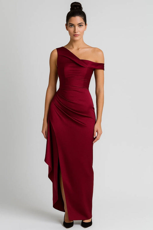 Dress Women - Maxi Fitted Draped Dress with One-Shoulder Neckline