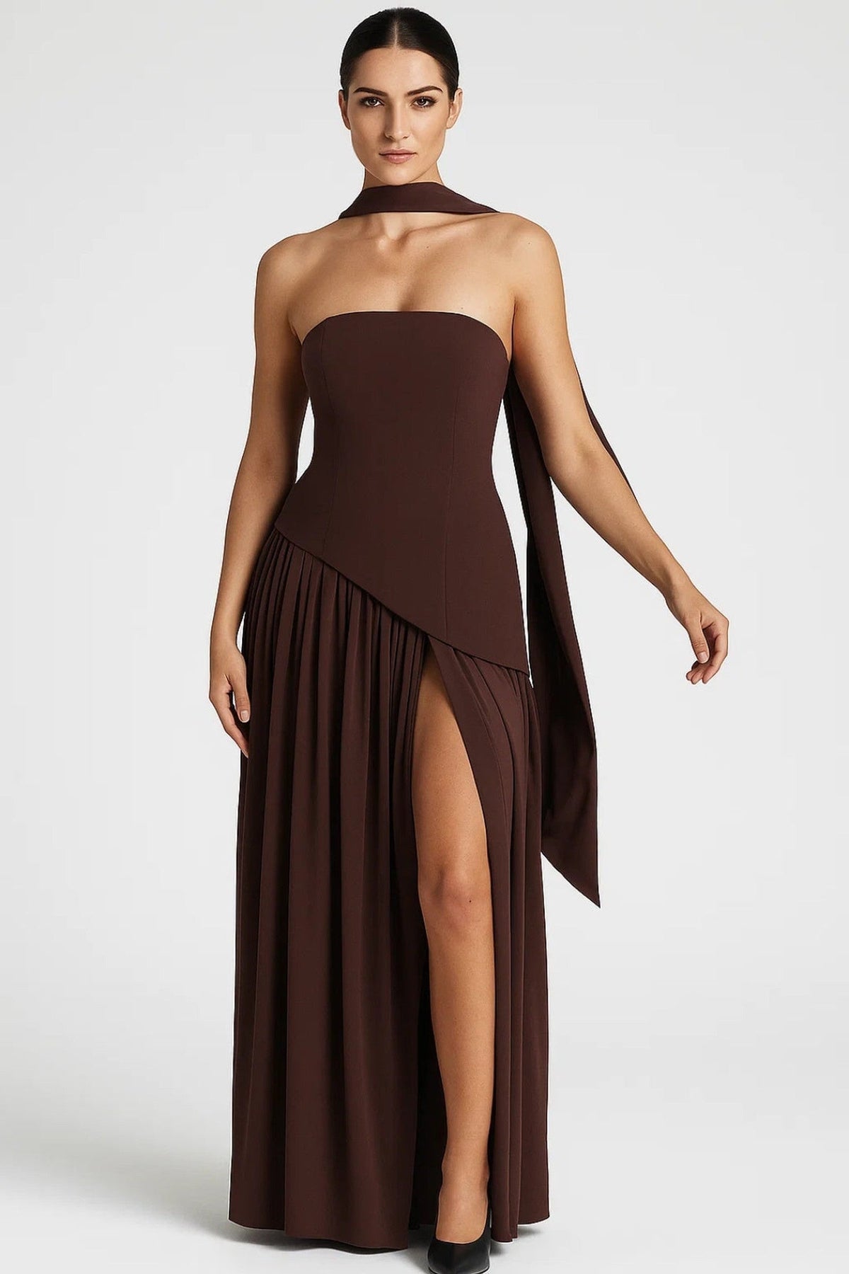 Dress Women - Maxi Gala Slit Dress with Strapless Design and Halter Neckline
