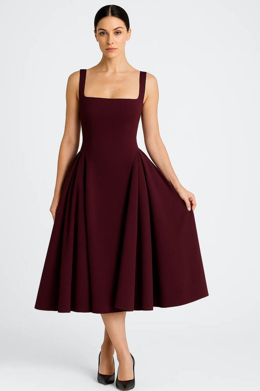 Dress Women - Midi A-Line Voluminous Dress with Square Neckline