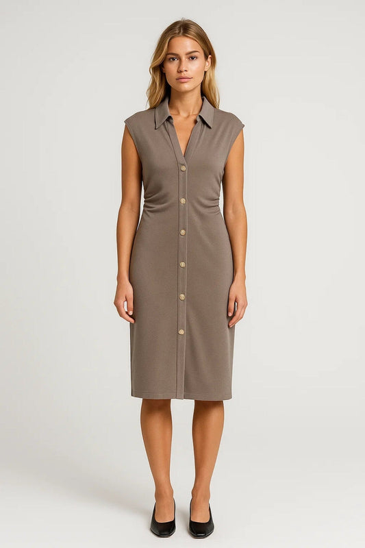 Dress Women - Midi Slit Formal Dress with Collar and Button Front