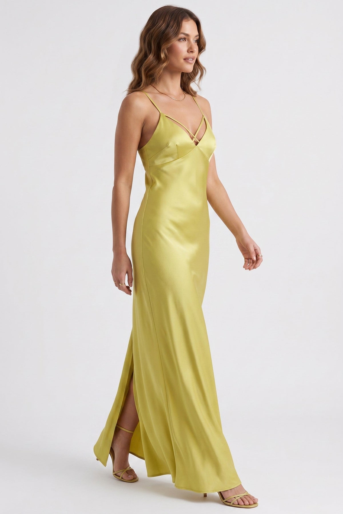 Dress Women - Satin Maxi Evening Dress with V-Neckline and Backless Design