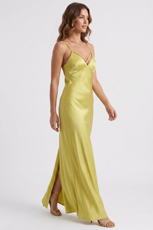 Dress Women - Satin Maxi Evening Dress with V-Neckline and Backless Design