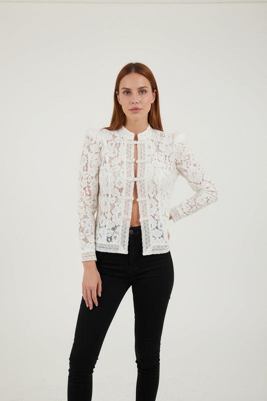 Blouse Women - Lace Embroidered Blouse with Puff Sleeves