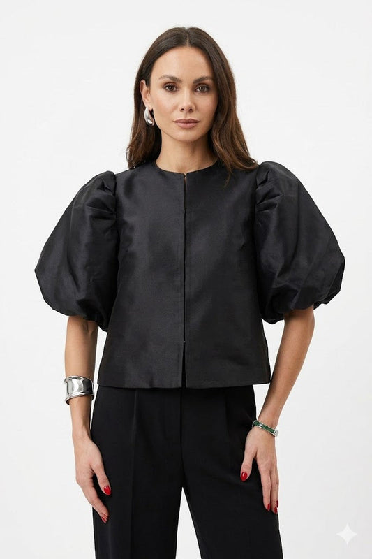 Blouse Women - Satin Office Blouse with Puff Sleeves