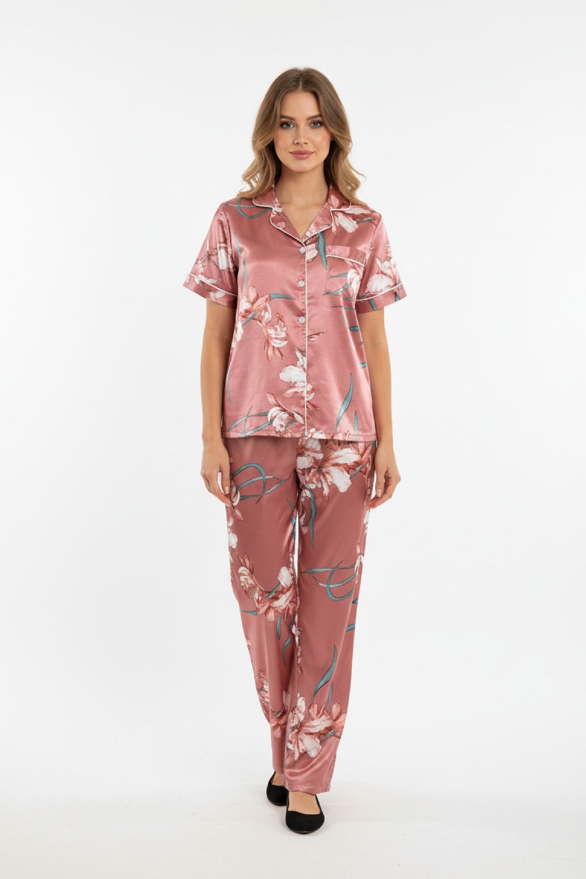 Pyjama Set Women - Satin Floral Set with Short Sleeves