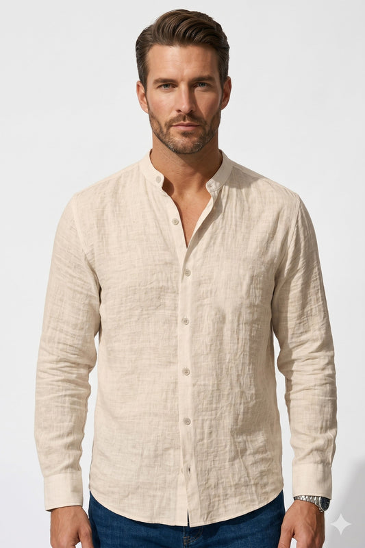 Henley Shirt Men - Linen Cotton Fitted Shirt with Long Sleeves
