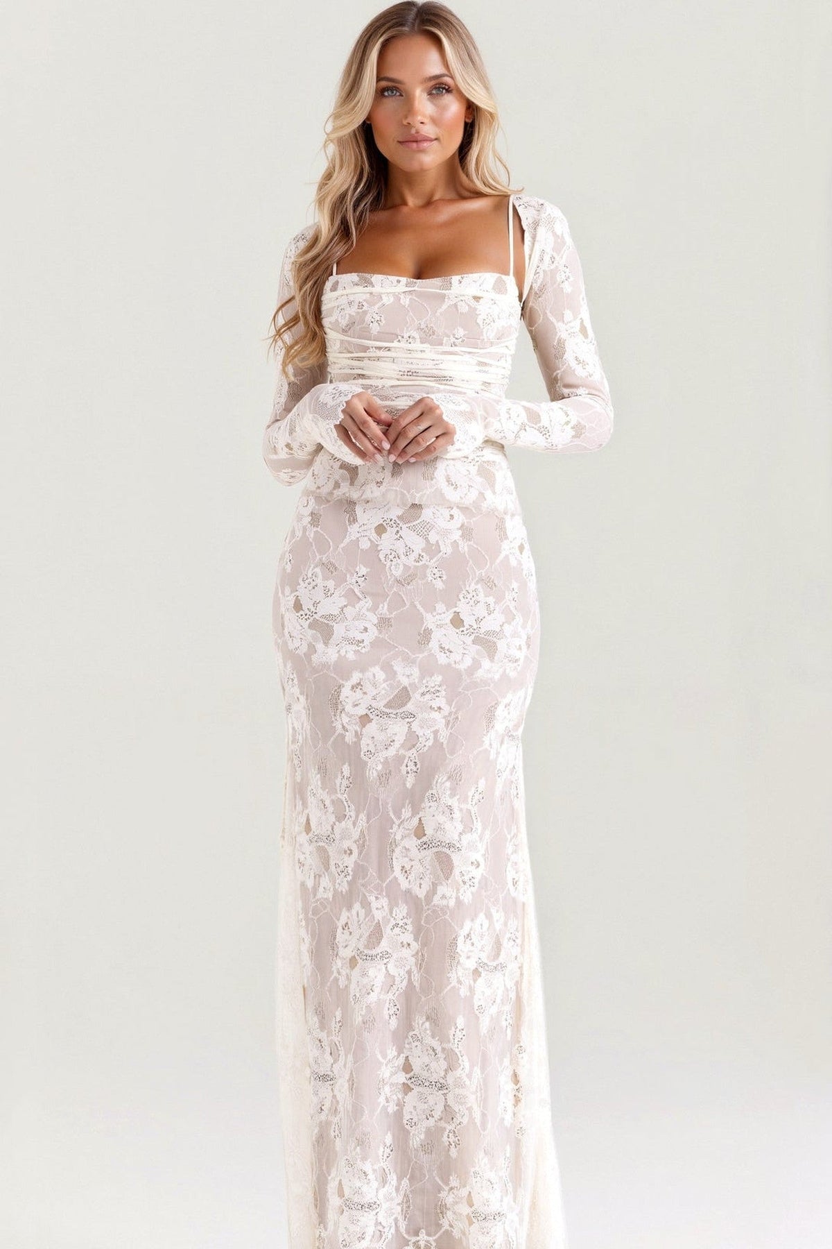 Maxi Dress Women - Lace Fitted Corset Dress with Long Sleeves