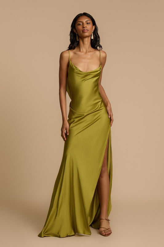 Maxi Dress Women - Satin Draped Evening Dress with Open Back