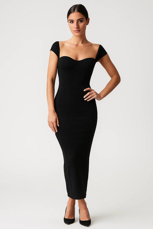 Midi Dress Women - Bodycon Dress with Cap Sleeves and Sweetheart Neckline