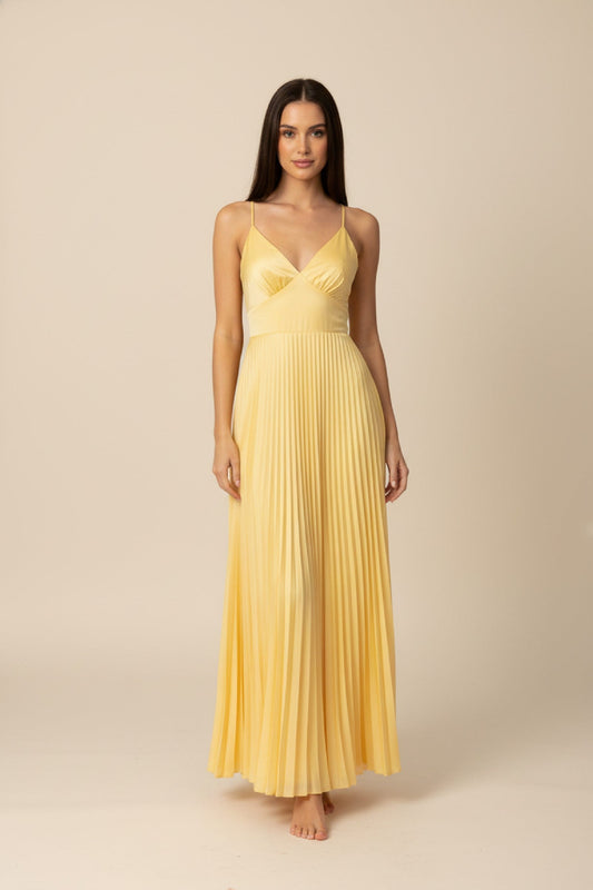 Maxi Dress Women - Pleated Flowing Summer Dress with V-Neckline