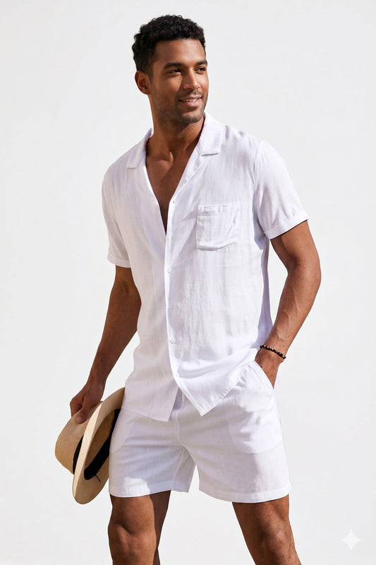 Linen Shirt Set Men - Shorts Summer Set with Short Sleeves