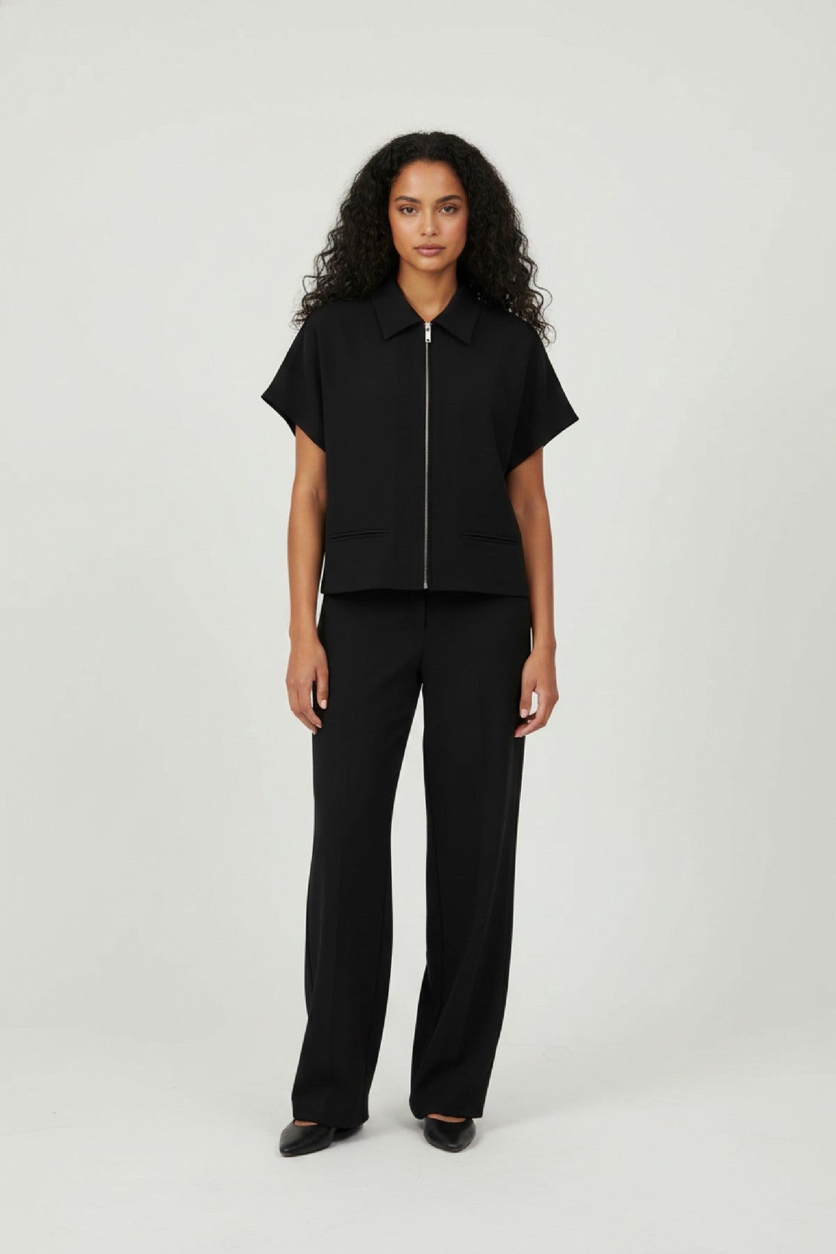 Two Piece Set Women - Wide Leg Jacket Trousers Set with Zip Detail