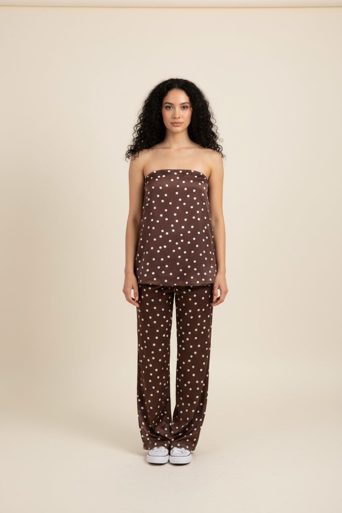 Two Piece Set Women - Satin Polka Dot Set with Strapless Design