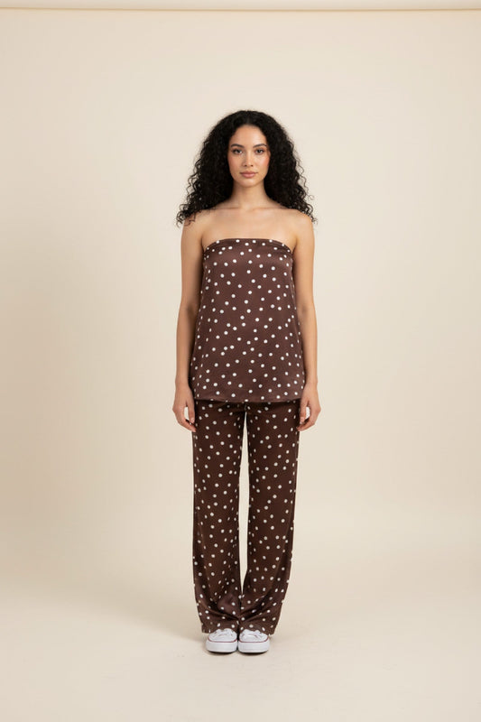 Two Piece Set Women - Satin Polka Dot Set with Strapless Design