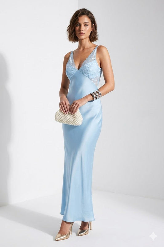 Maxi Dress Women - Satin Lace Trim Slip Dress with V-Neckline