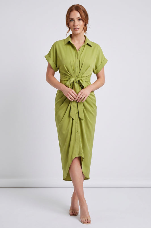 Midi Dress Women - Satin Midi Dress with Draped Skirt