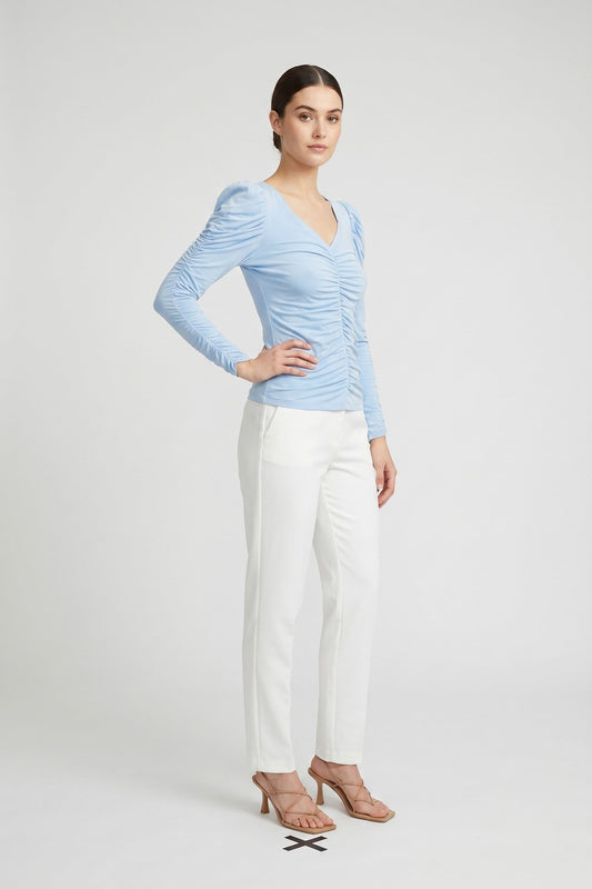 Blouse Women - Ruched Puff Sleeve Blouse with V-Neck