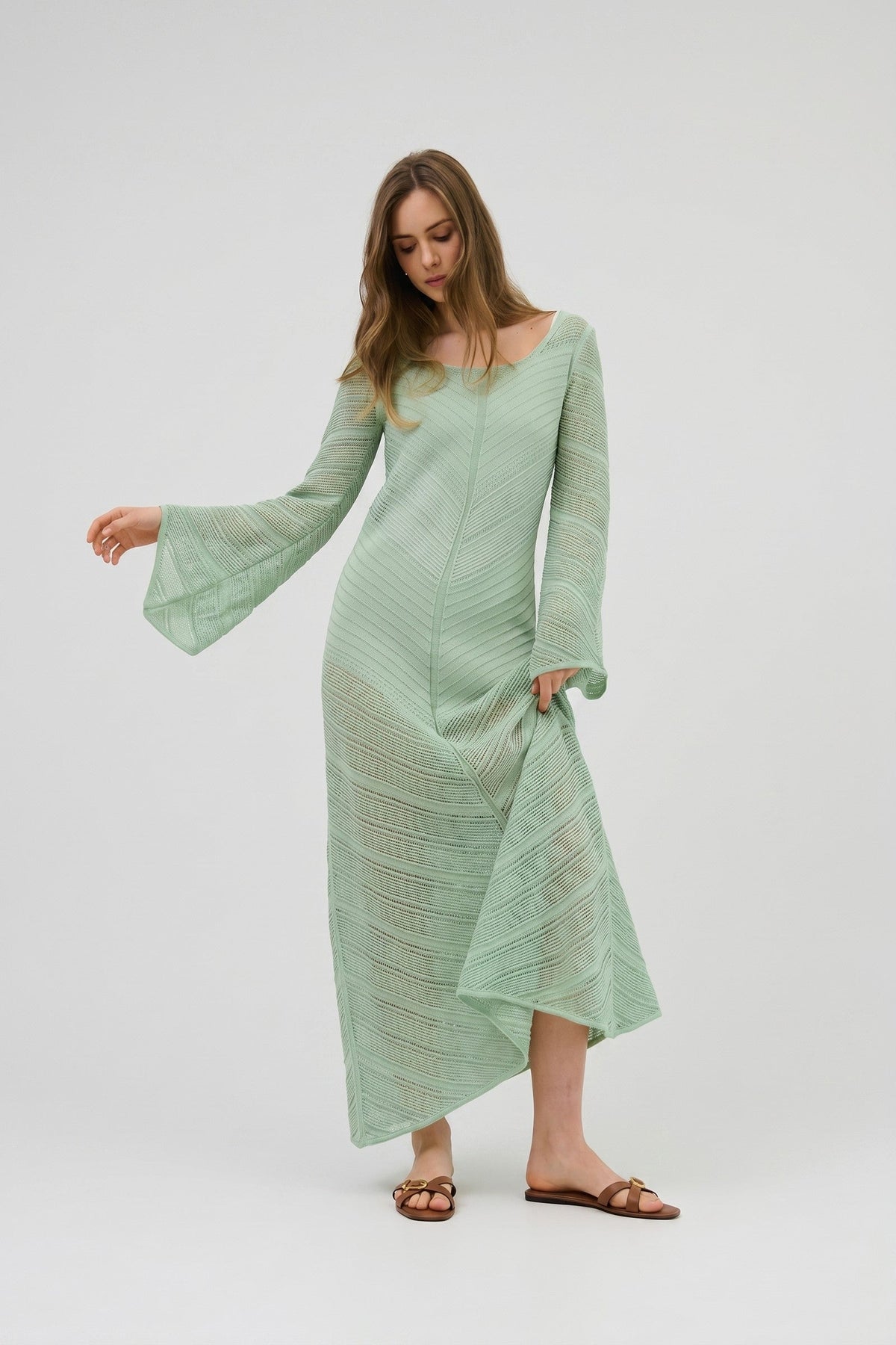 Maxi Dress Women - Cotton Openwork Knit Dress with Flared Sleeves