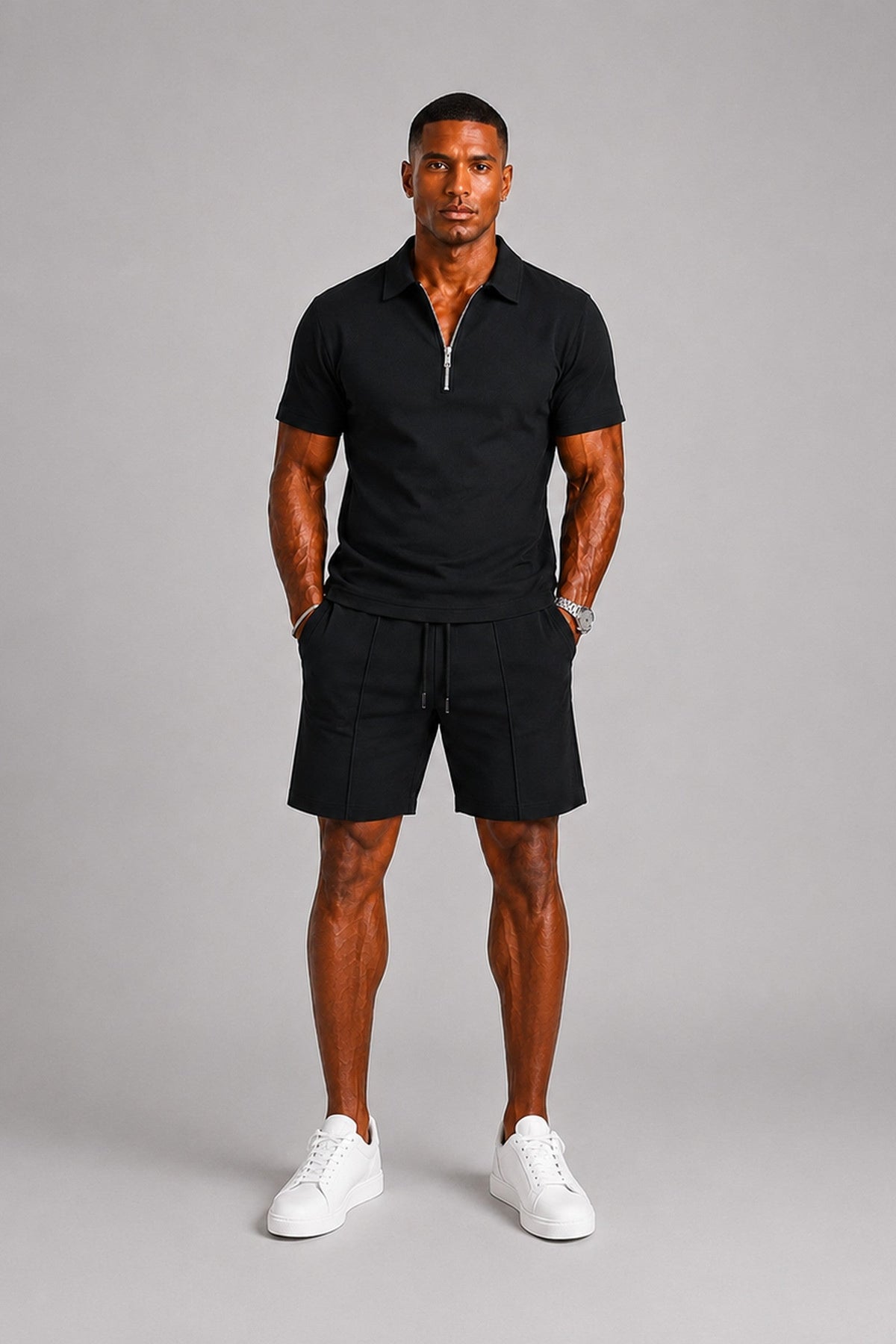 Set Men - Zip-Up Two-Piece Summer Outfit with Polo and Shorts