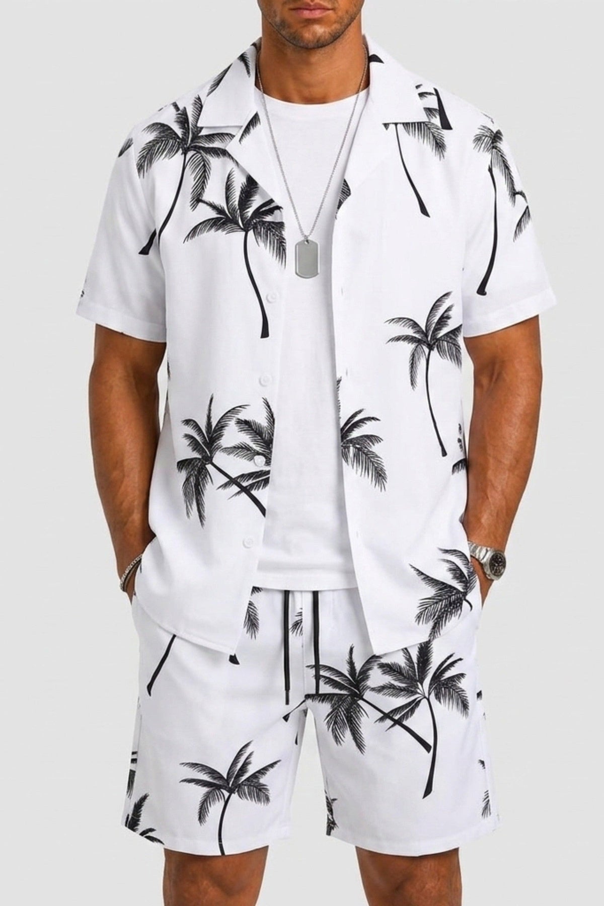 Set Men - Palm Print Two-Piece Summer Outfit with Short Sleeves