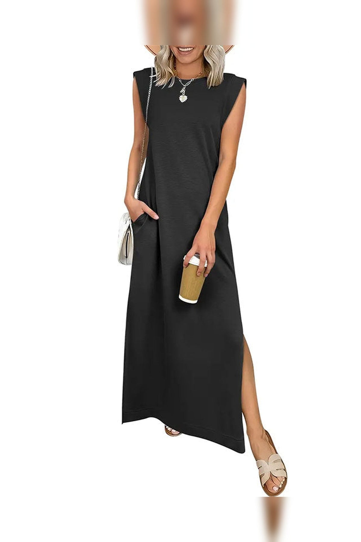 Maxi Dress Women - Sleeveless Crew Neck Maxi Dress with Side Pockets